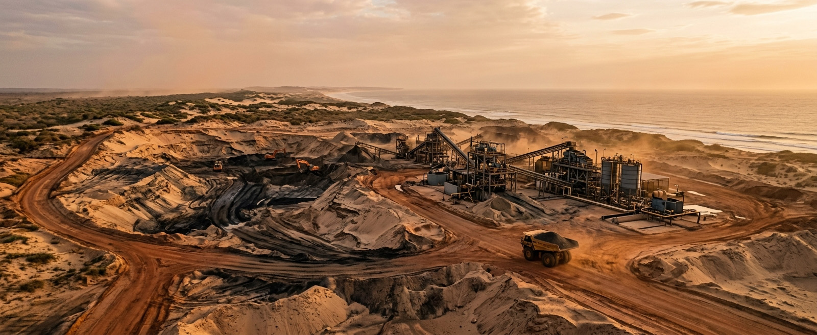 Mineral sand operations site at dusk